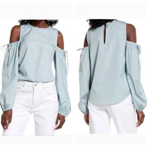 Women's Light Mint Cold Shoulder Poplin Cotton Top Sz M Long Sleeve